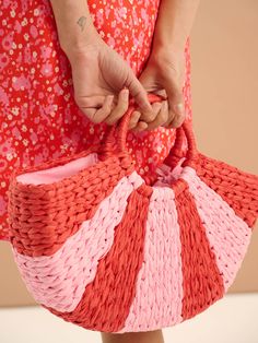 Lottie Stripe Paper Straw Bag in Red Go Bags, Basket Bag, Paper Straws, Pink And Red, Color Stripes, Co Ord, Denim Top, Stripes Design, Recycled Paper