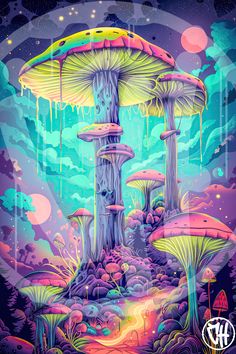 an image of a mushroom house in the middle of a forest with trees and mushrooms on it