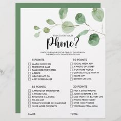 a printable phone checklist with green leaves