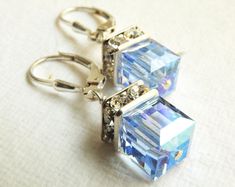 Light Blue Earrings, Swarovski Crystal Cube Earrings, Light Sapphire Drop Earrings Sky Blue Bridesma Smoky Quartz Earrings, Blue Crystal Earrings, Peridot Crystal, Light Sapphire, Green Stones, Wedding Jewelry Earrings, Green Earrings, Sapphire Earrings, Quartz Earrings