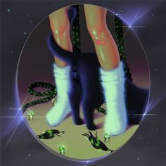 a digital painting of a cat with white socks and green beads on its feet, standing in front of a mirror