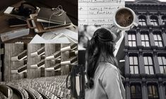 a collage of photographs including an old building and a woman with a cup of coffee