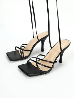 Tie Leg Design Heeled Sandals | SHEIN USA Black High Heel Sandals With Strap, Black Strap High Heel Sandals, Party Sandals With Strap And Square Toe, Spring Square Toe Sandals With Straps, Square Toe Sandals With Straps For Spring, Trendy Adjustable Strappy Heels, Trendy Evening Sandals With Straps, Chic Black Sandals With Straps, Black Single Toe Strap Heels For Spring