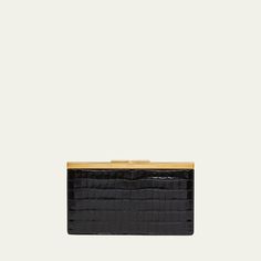 TOM FORD crossbody bag in shiny croc-embossed leather, viscose, and silk  Chain shoulder strap Detachable, adjustable crossbody strap Can be worn as a clutch, shoulder, or crossbody bag  Framed top with T-lock closure  Interior, one slip pocket  Approx. 5.9"H x 10.2"W x 1.2"D Made in Italy Bag Wishlist, Tom Ford Bag, Orange Bag, My Bags, Black Cross Body Bag, Printed Leather, Leather Clutch, Gold Tone Metal, Crossbody Strap