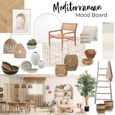 the mood board is full of neutrals and whites, including wicker chairs, rattan furniture, woven rugs