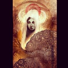 an artistic painting of a woman with white hair wearing a headdress and veil