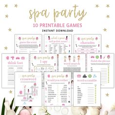 the spa party printable games are on display in front of some flowers and other items