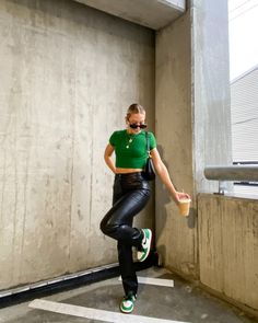 Hailey Bieber Green Outfit, Trendy Green Outfits, Green Trendy Outfits, Outfit Ideas With Green Shirt, Green White And Black Outfit, Green Street Wear Outfit, Green Bar Outfit, Edgy Green Outfit, Dunk Green Outfit