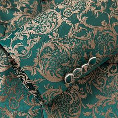 Fabric Material: 80% Polyester 20% Viscose Design One Button & Shawl Collar Package 1*Top-clothes + 1*Vest + 1*Pants Occasion Prom / Dinner / Red Carpet / Party / Wedding Embrace the glamour of a bygone period and steal the show in this men's three-piece vintage style gold damask jacquard green suit. This finely constructed suit adds a contemporary touch while paying homage to the classic elegance of old clothing.The gorgeous gold damask jacquard design that elegantly covers the lush green fabri Green And Gold Suit Men, Damask Style For Men, Green And Gold Suit, Wedding Blazers, Prom Dinner, Button Shawl, Green Tuxedo, Gold Suit, Red Carpet Party