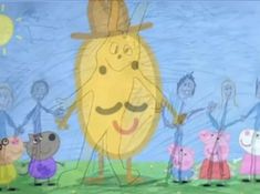 an animated drawing of a group of people in front of a large yellow potato character