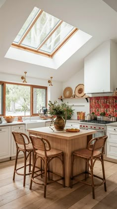 a kitchen with an island and skylight above it