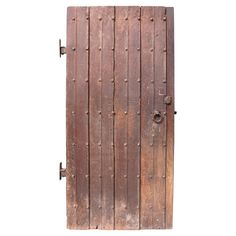 an old wooden door is open on a white background