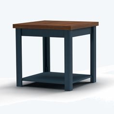 a small wooden table sitting on top of a white floor