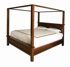 a wooden bed frame with white sheets and pillows on top of it, against a white background