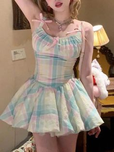 Tavimart Y2k Aesthetic Rainbow Contrast Color Plaid Vestidos Sweet Bow Ball Gown Dress Summer Kawaii Fashion Women Dresses