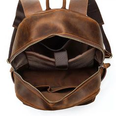 Introducing a vintage leather backpack suitable for both work and adventurous excursions, catering to both men and women. This backpack is crafted for an all-purpose Everyday Carry (EDC), featuring a classic and timeless full grain crazy horse leather that only improves with age. The rugged and unique aesthetic of the leather adds a distinctive touch, complementing your outfit with a look that stands out. Embrace a backpack that effortlessly combines style and durability, making it an ideal comp Vintage Leather Backpack For Everyday Carry, Rugged Leather Backpack With Leather Lining, Vintage Brown Leather Backpack For Everyday Carry, Brown Rugged Leather Backpack, Leather Backpack With Leather Lining For Adventure, Rugged Leather Backpack For Travel, Vintage Leather Backpack With Leather Patch For Adventure, Rugged Leather Backpack For Everyday Carry, Rugged Leather Backpack With Leather Patch For Adventure