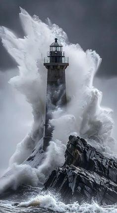 the lighthouse is surrounded by huge waves as it stands on top of a rocky outcropping