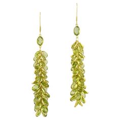 Peridot cascade earrings, each oval mixed cut gemstone spectacle set, with yellow gold and linked with chain, stamped as 14ct, bearing the Bentley and Skinner sponsors mark, measuring 57mmx15mm, weighing 5.7g and 6.5g each. This pair of earrings is new. These full, bright green earrings hang like grapes on a vine. They are a vivacious green and versatile in style. Should you choose to make this purchase we would be delighted to send it to you in a Bentley & Skinner handmade leather case packed i Cascade Earrings, Green Earrings, Bright Green, Spectacles, Handmade Leather, Bentley, Leather Case, Black And Gold, Leather Handmade