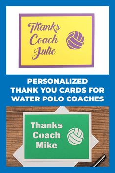 thank you cards for water polo coaches with the words thanks coach mike and personalized thank you cards