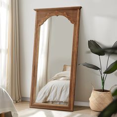 a large mirror sitting on top of a wooden floor next to a potted plant