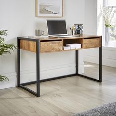 a laptop computer sitting on top of a wooden desk next to a potted plant