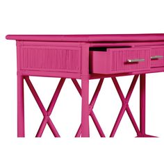 a pink table with two drawers on each side