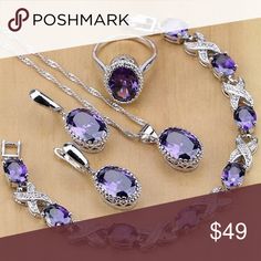 SALE 4 piece Sterling silver Amethyst set 4 piece set ....bracelet , necklace, ring  and earrings Sterling silver  Amethyst lab created stones Beautiful set Excellent quality  Request ring size Wholesale sterling silver Jewelry Elegant Purple Jewelry Sets For Formal Occasions, Elegant Silver Amethyst Jewelry, Silver Gemstone Jewelry Sets For Formal Occasions, Purple Oval Jewelry For Party, Purple Oval Party Jewelry, Amethyst Jewelry Set, Tiffany Bracelet Silver, Amethyst Set, Jewelry Purple