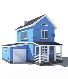 two 3d renderings of a blue house with garage doors and windows on each side