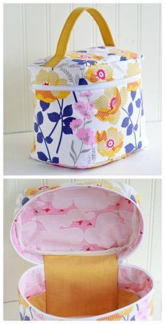 the inside and outside of a flower print cosmetic bag with zippers on each side