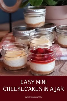 mini cheesecakes in jars with cherries on the side and text overlay that reads easy mini cheesecakes in jars