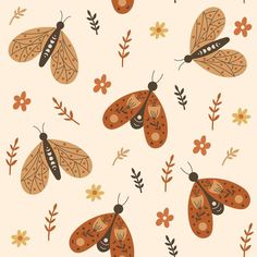 an image of moths and flowers on a white background with orange, yellow and brown colors