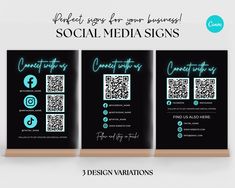 three black and green social media signs with qr code on the front, one in blue