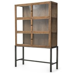 an image of a wooden bookcase with glass doors on the front and back sides