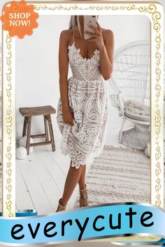 Backless Halter Lace Midi Dress P10064 White Hollow Out Midi Dress For Party, Elegant Backless Mini Dress For Beach Season, Lace Sundress For Party, Spring Backless Lace Dresses, Backless Lace Dresses For Spring, Spring Lace Backless Dress, Elegant Sleeveless Dresses With Hollow Out Design, Fitted Lace Dress With Spaghetti Straps For Beach, Elegant Hollow Out Midi Dress For Summer