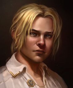 a digital painting of a woman with blonde hair wearing a white shirt and gold necklace