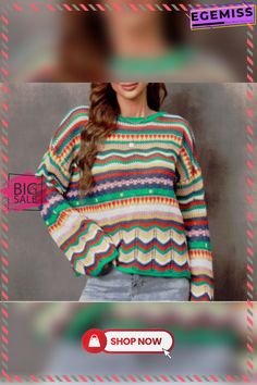 Multicolor Cotton-blend Round Neck Casual Sweater Casual Multicolor Tops For Winter, Casual Multicolor Winter Tops, Multicolor Cotton Sweater For Fall, Casual Multicolor Winter Sweater, Colorful Trendy Knit Outerwear, Trendy Colorful Knit Outerwear, Trendy Multicolor Winter Top, Trendy Multicolor Tops For Fall, Trendy Multicolor Tops