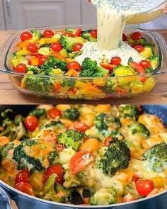 broccoli, tomatoes and other vegetables are being mixed together in a casserole dish