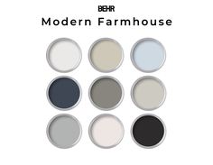 the behr modern farmhouse house color scheme is shown in six different colors and sizes