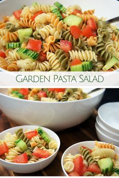 two pictures show different types of pasta salad