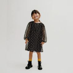 Dress With Round Neck And Long Sleeves. Buttoned Back Teardrop Closure. Contrast Dotted Mesh Motif. Size 4-5 Years. New With Tags Smoke And Pet Free Home Playful Polka Dot Dress For Dress-up, Playful Polka Dot Dress For Dress-up Occasions, Playful Polka Dot Dress, Cute Black Dress For Fall, Cute Zara Dresses For Fall, Black Mesh Dress, Round Neck Dress, Round Neck Dresses, Zara Black