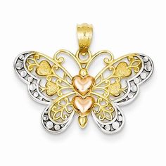 Metal: 14k Yellow & RhodiumLength:20 mmWidth:24 mmFinish: Diamond-cut, Polished, Open back, Textured, Textured backFree U.S. Shipping for orders over $99 Protected by our 30-Day Risk Free Returns! White 14k Gold Filigree Jewelry, Jewelry Words, Butterfly Pendant Necklace, Gold Models, Butterfly Jewelry, White Butterfly, Jewelry Design Necklace, Fancy Jewelry, Gold Butterfly