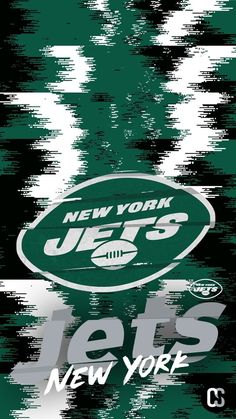 the new york jets logo is shown on a green and white background with black spots