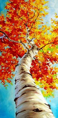 an oil painting of a tree with colorful leaves