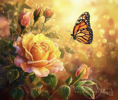 a butterfly flying over a yellow rose with water droplets on it's petals and the sun shining in the background