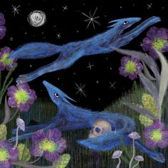 two blue birds flying over purple flowers under a night sky with the moon and stars above them