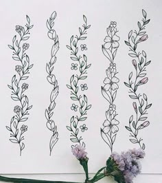 four flowers are shown in the middle of three lines on a white background, one is purple and the other has green leaves