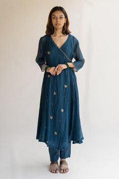 Shop for Nirjara Blue Chanderi Cotton Chaand Embroidered Angrakha Kurta And Palazzo Set for Women Online at Aza Fashions Luxury Blue Maxi Length Kurta, Angrakha Dress Cotton, Cotton Angrakha Suits, Angrakha Kurta For Women, Angrakha Dress, Scallop Neckline, Silk Kurti Designs, Blue Ruffle Dress, Double Layer Dress