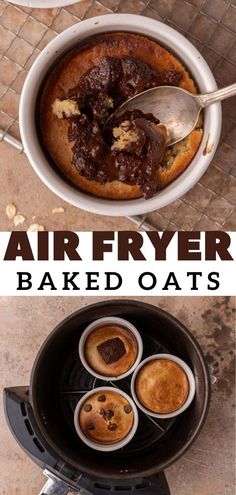 an overhead view of baked oatmeal in a pan with the words air fryer baked oats