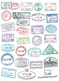 various passport stamps with the names of countries and their respective cities, all in different colors