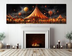 a large painting on the wall above a fireplace